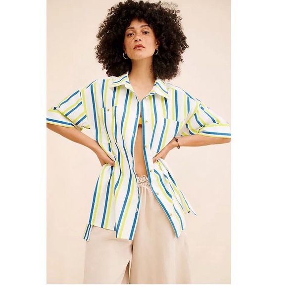Anthropologie Tops - Anthropologie Boxy Striped Oversized Tunic Button Down Poplin Shirt White XL
